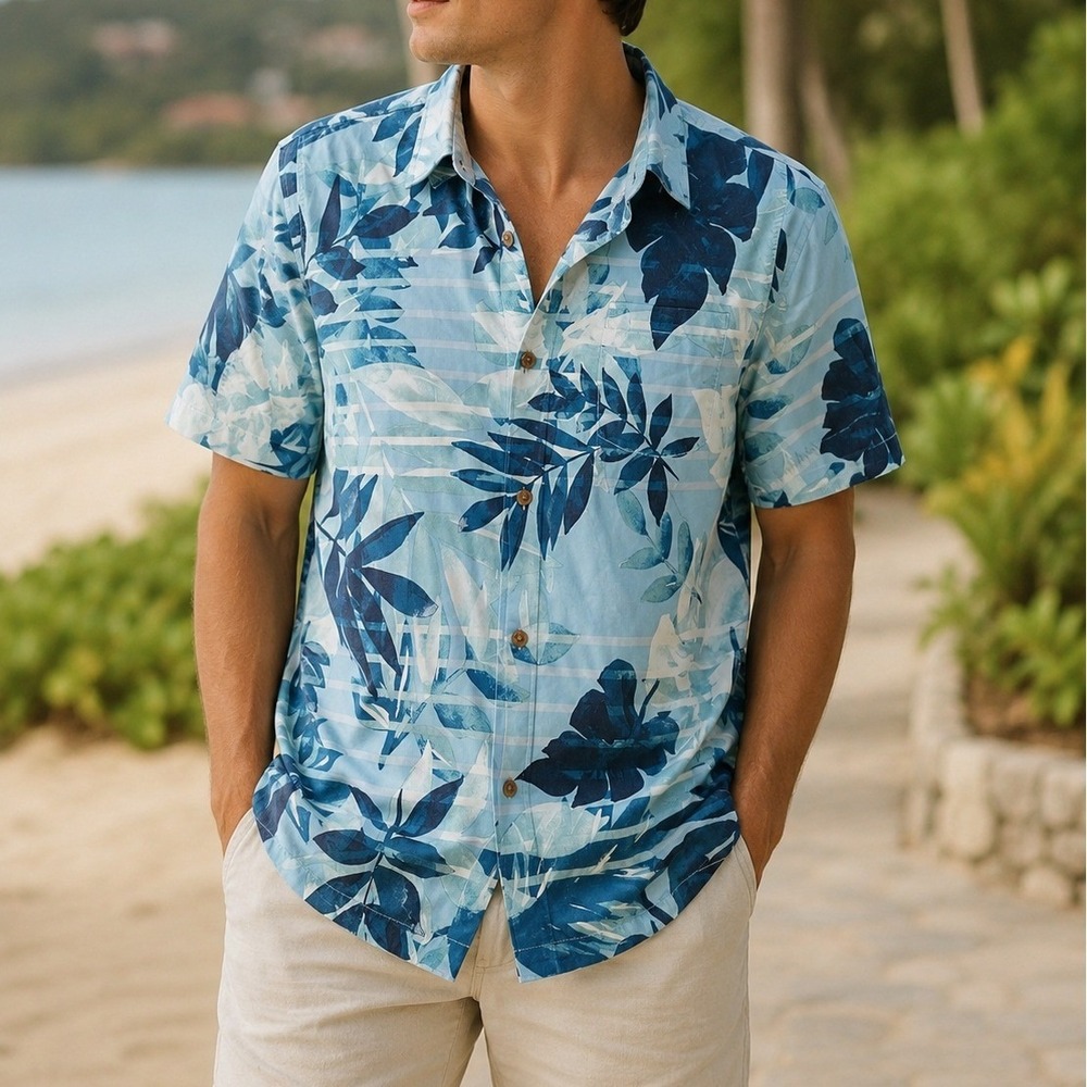 Tommy Bahama Button Down Mens XXL Blue Tropical Silk Blend Short Sleeve Hawaiian